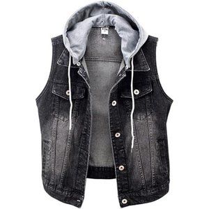 Women's Distressed Sleeveless Denim Vest with Detachable Hoodie Black